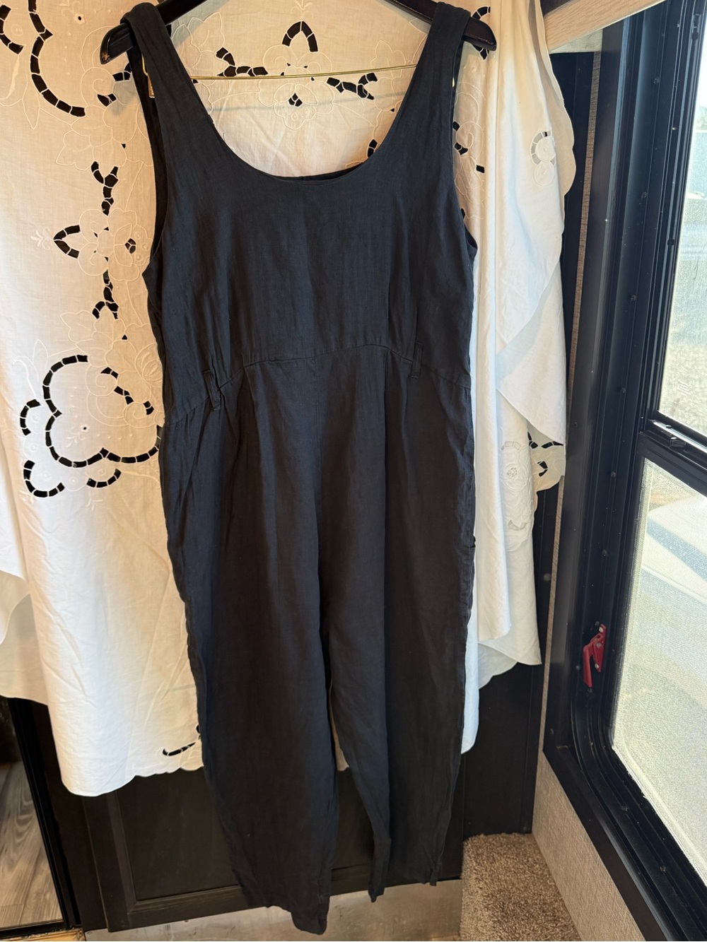 Black Crane Linen Jumpsuit Black Wide Leg Minimalist Made USA Small Boho